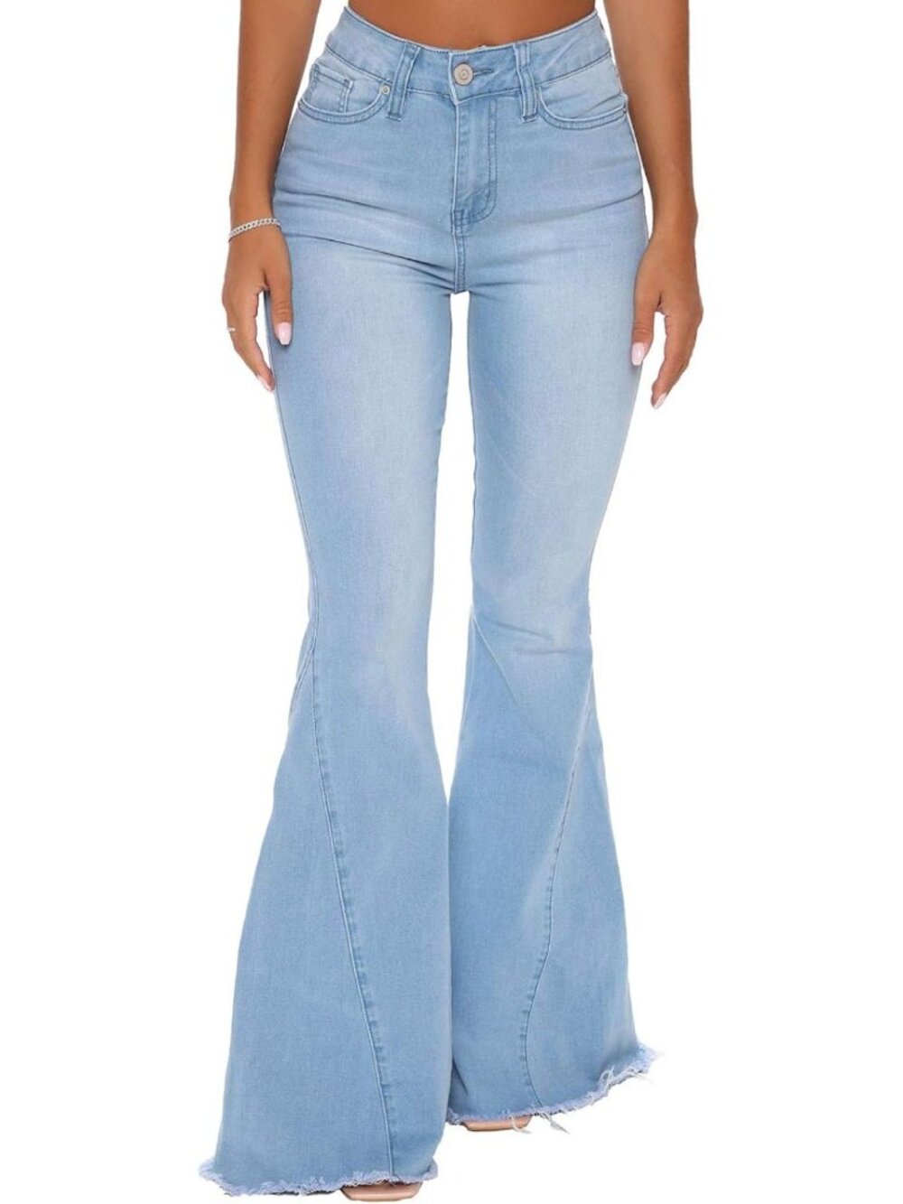 Trendy Women's Ripped Bell Bottom Flare Jeans - Mid Rise, Destroyed Hem Denim